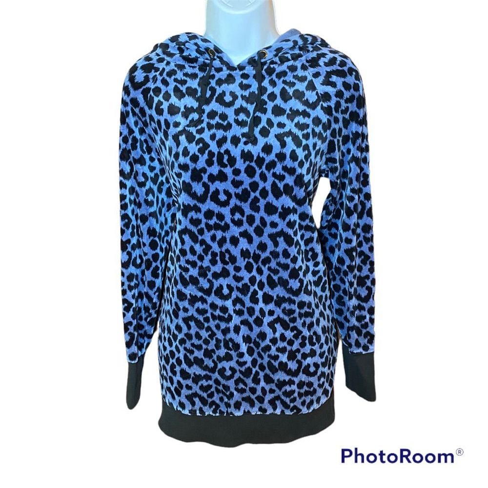 Victoria’s Secret Black & Blue Cheetah Print Hoodie Sweatshirt Size Small
